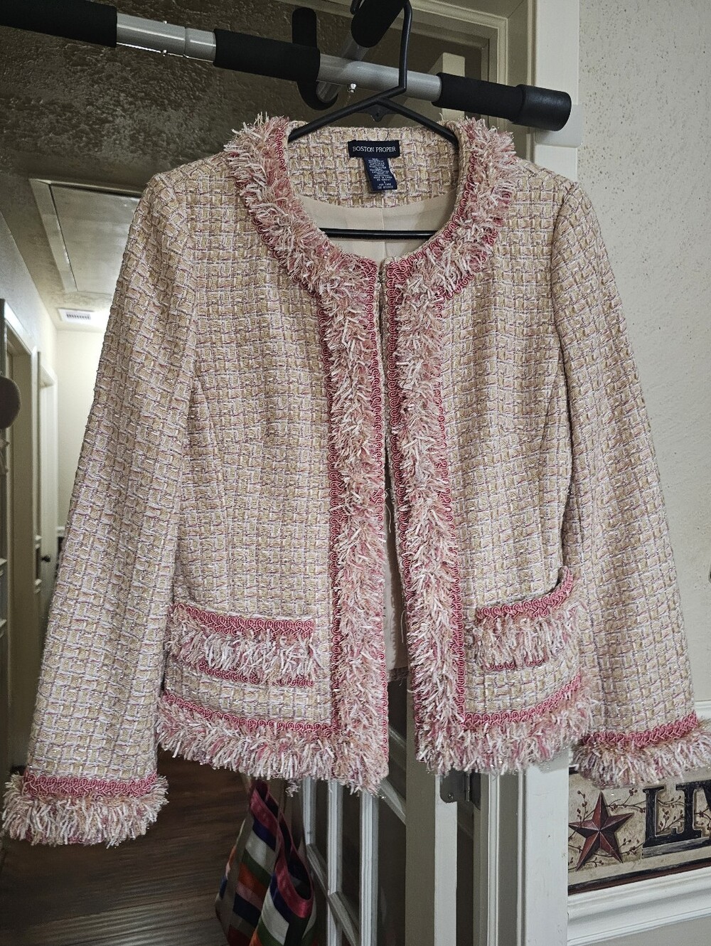 Boston Proper Pink Tweed Fringe Women's Jacket Sz 6
